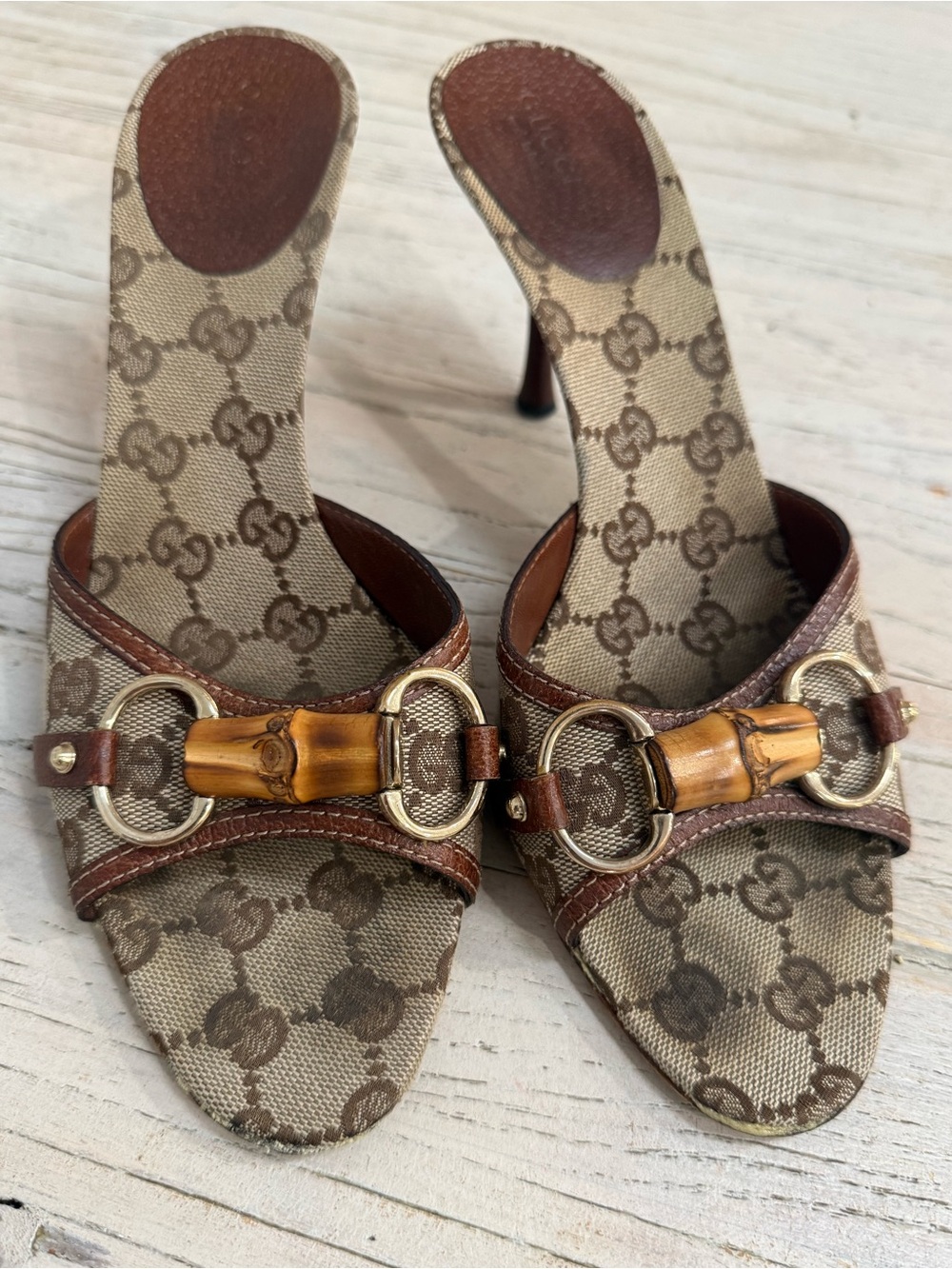 Women’s Gucci GG Bamboo fabric Sandals pumps size 8.5 - Picture 4 of 16